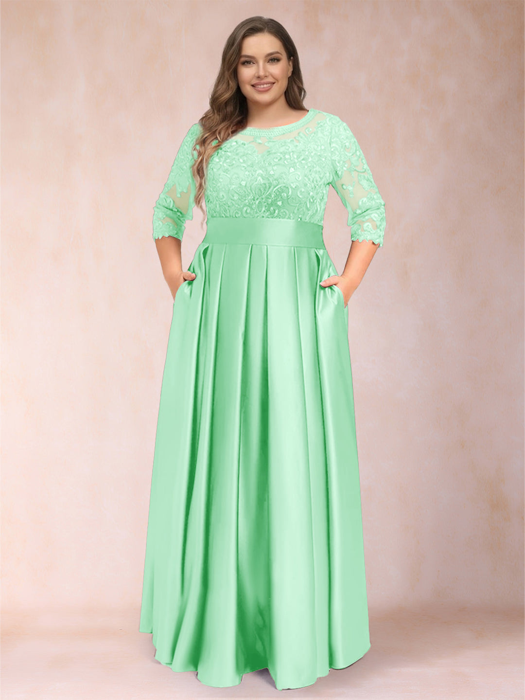 A-Line/Princess Floor-Length 3/4 Sleeves Scoop Plus Size Mother of the Bride Dresses