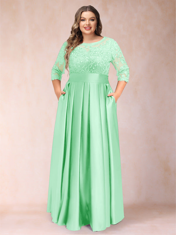 A-Line/Princess Floor-Length 3/4 Sleeves Scoop Plus Size Mother of the Bride Dresses