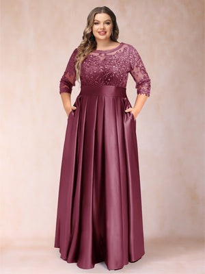 A-Line/Princess Floor-Length 3/4 Sleeves Scoop Plus Size Mother of the Bride Dresses