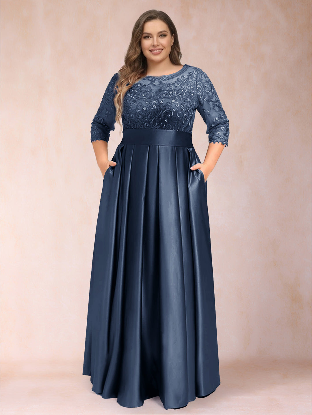 A-Line/Princess Floor-Length 3/4 Sleeves Scoop Plus Size Mother of the Bride Dresses