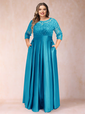 A-Line/Princess Floor-Length 3/4 Sleeves Scoop Plus Size Mother of the Bride Dresses