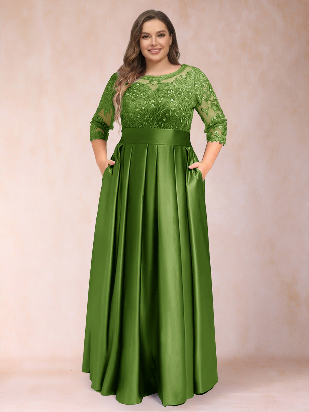 A-Line/Princess Floor-Length 3/4 Sleeves Scoop Plus Size Mother of the Bride Dresses