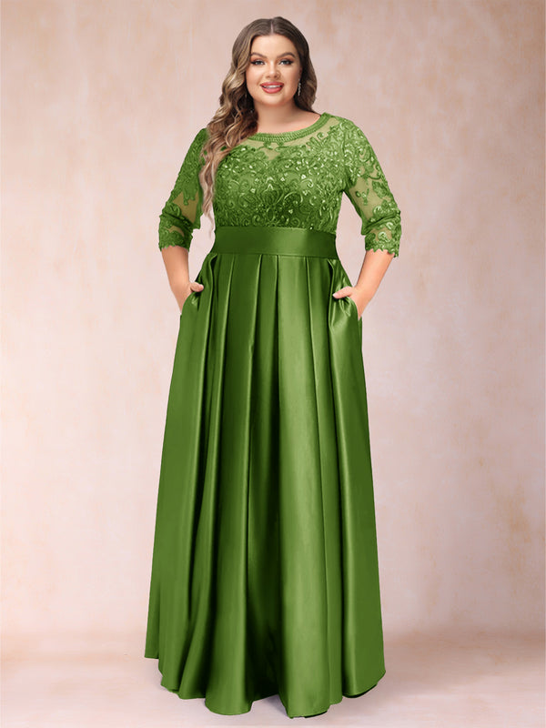 A-Line/Princess Floor-Length 3/4 Sleeves Scoop Plus Size Mother of the Bride Dresses