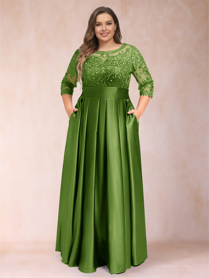 A-Line/Princess Floor-Length 3/4 Sleeves Scoop Plus Size Mother of the Bride Dresses