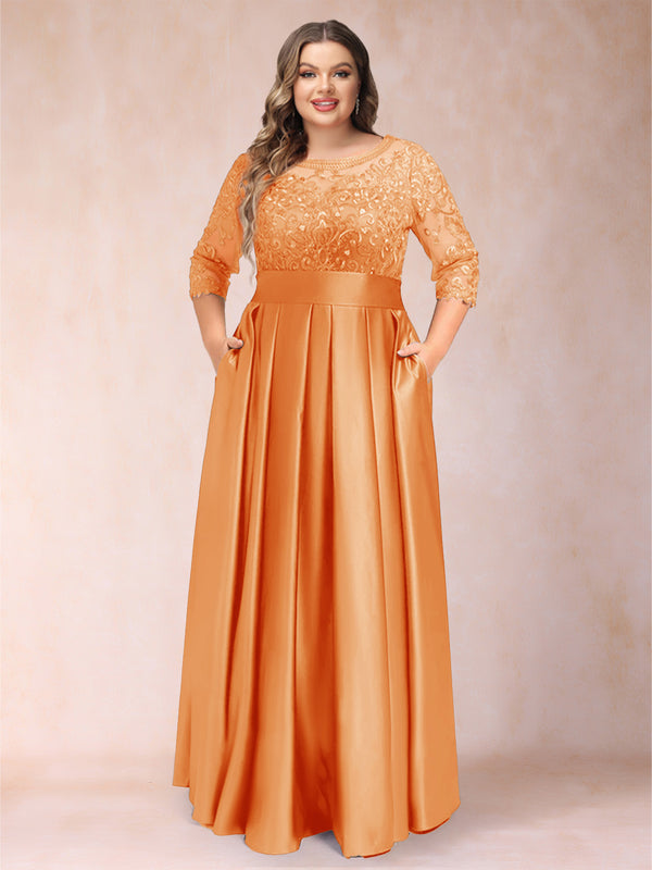 A-Line/Princess Floor-Length 3/4 Sleeves Scoop Plus Size Mother of the Bride Dresses