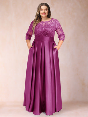 A-Line/Princess Floor-Length 3/4 Sleeves Scoop Plus Size Mother of the Bride Dresses