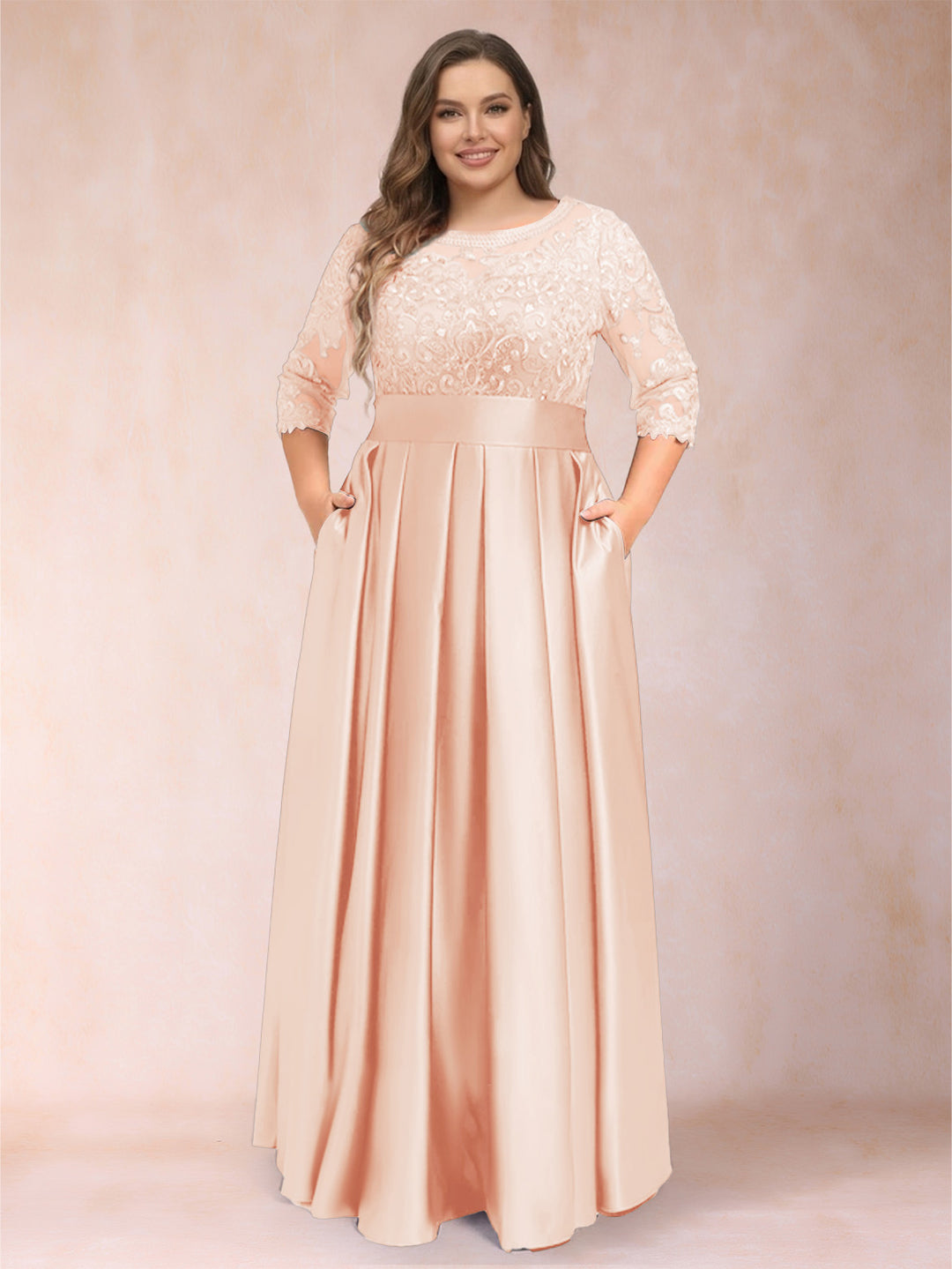 A-Line/Princess Floor-Length 3/4 Sleeves Scoop Plus Size Mother of the Bride Dresses