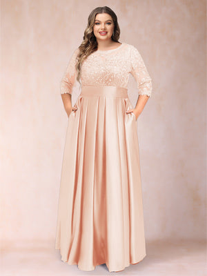 A-Line/Princess Floor-Length 3/4 Sleeves Scoop Plus Size Mother of the Bride Dresses