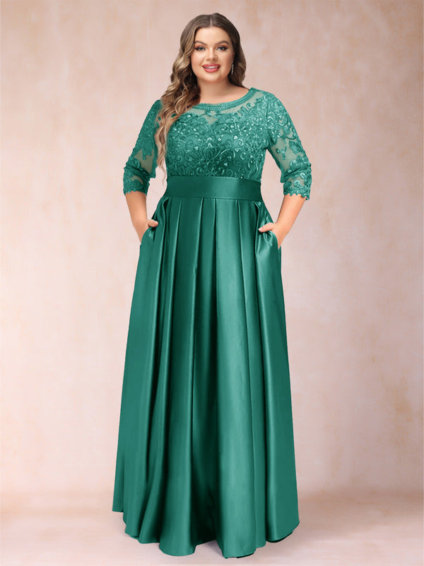 A-Line/Princess Floor-Length 3/4 Sleeves Scoop Plus Size Mother of the Bride Dresses