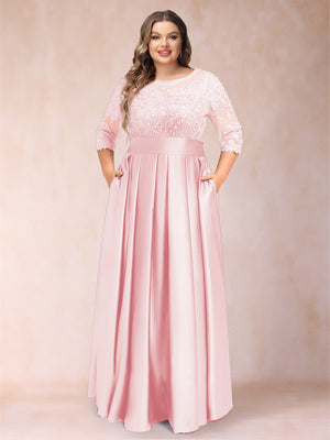 A-Line/Princess Floor-Length 3/4 Sleeves Scoop Plus Size Mother of the Bride Dresses
