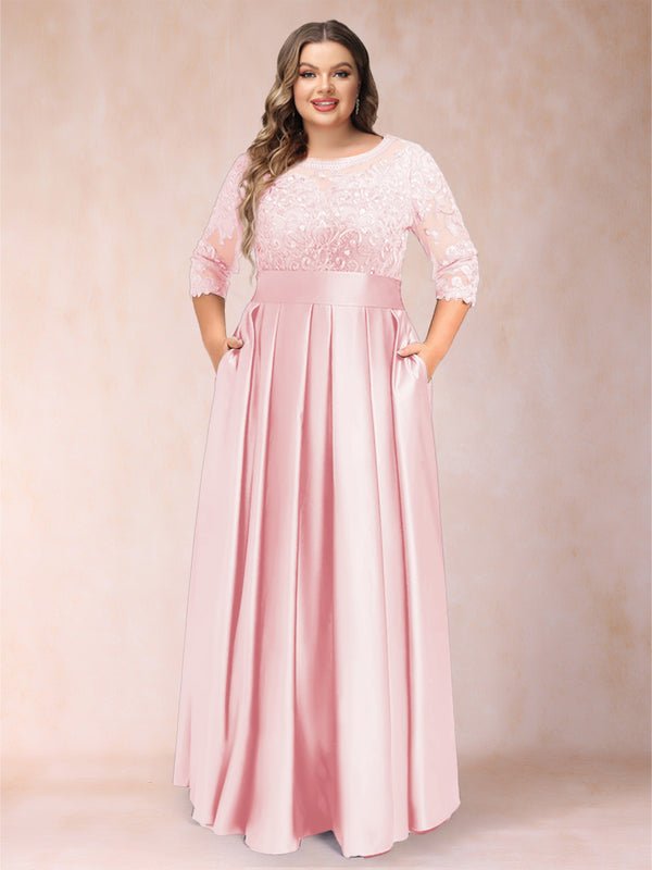 A-Line/Princess Floor-Length 3/4 Sleeves Scoop Plus Size Mother of the Bride Dresses