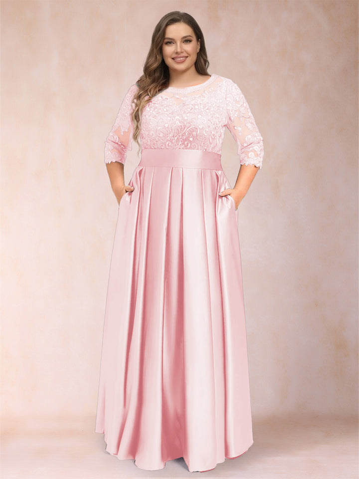 A-Line/Princess Floor-Length 3/4 Sleeves Scoop Plus Size Mother of the Bride Dresses