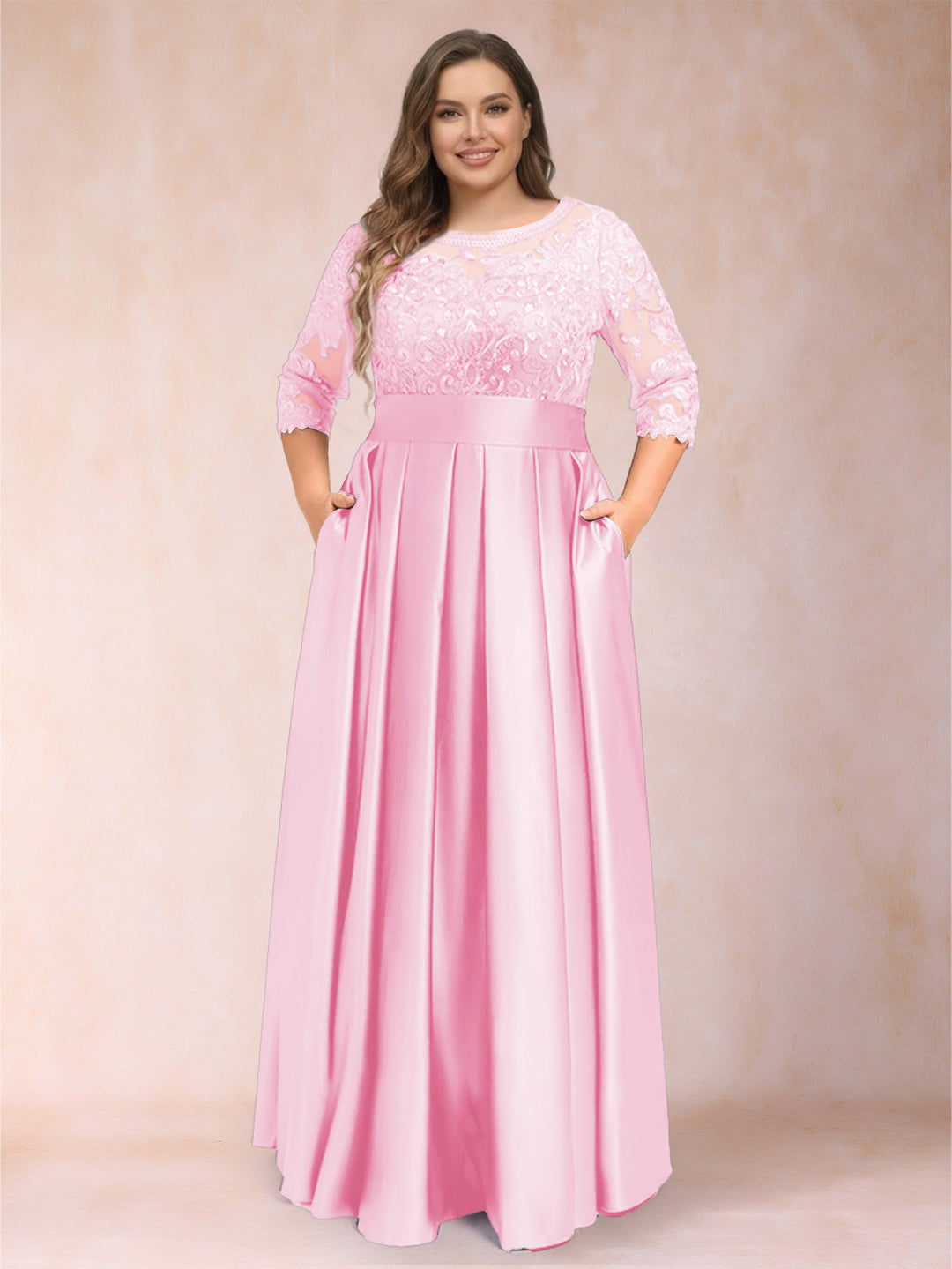 A-Line/Princess Floor-Length 3/4 Sleeves Scoop Plus Size Mother of the Bride Dresses