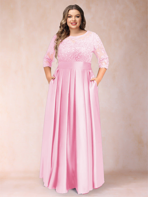 A-Line/Princess Floor-Length 3/4 Sleeves Scoop Plus Size Mother of the Bride Dresses