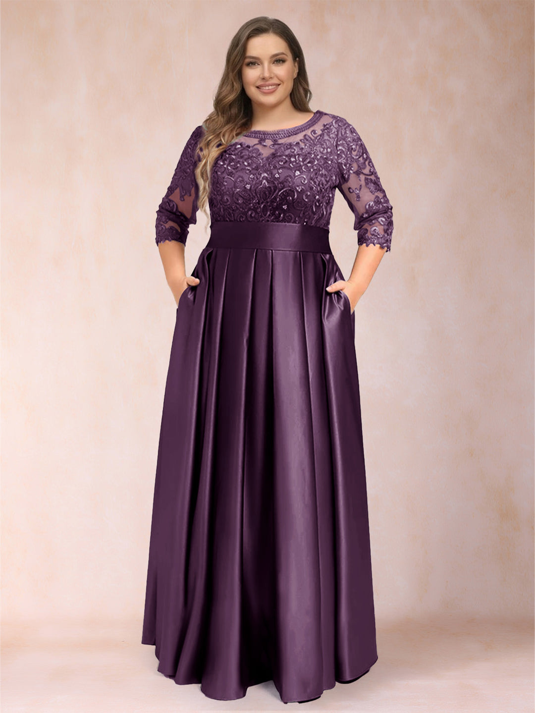A-Line/Princess Floor-Length 3/4 Sleeves Scoop Plus Size Mother of the Bride Dresses