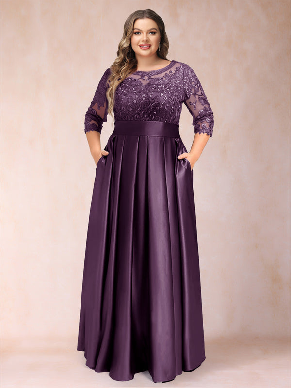A-Line/Princess Floor-Length 3/4 Sleeves Scoop Plus Size Mother of the Bride Dresses