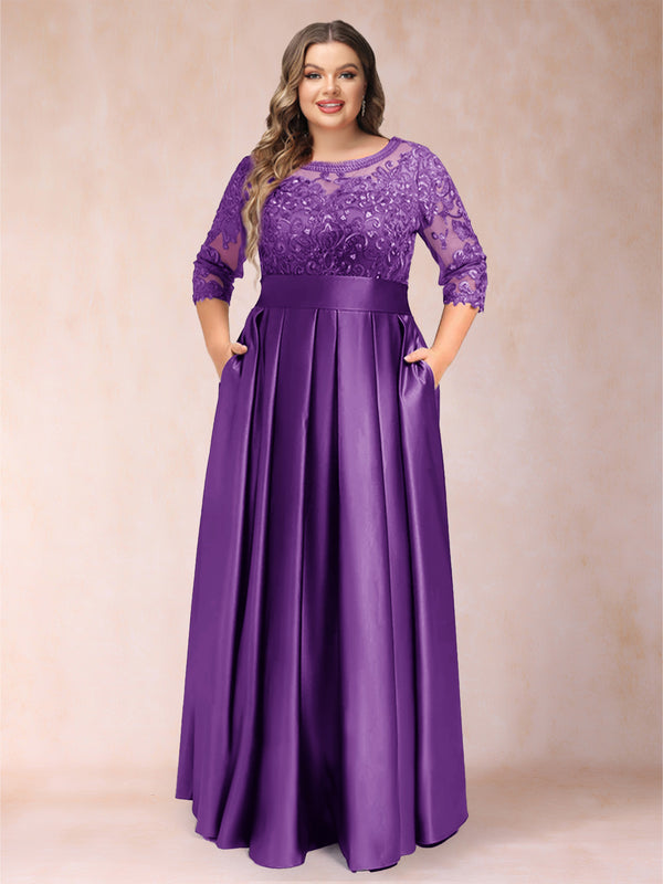 A-Line/Princess Floor-Length 3/4 Sleeves Scoop Plus Size Mother of the Bride Dresses