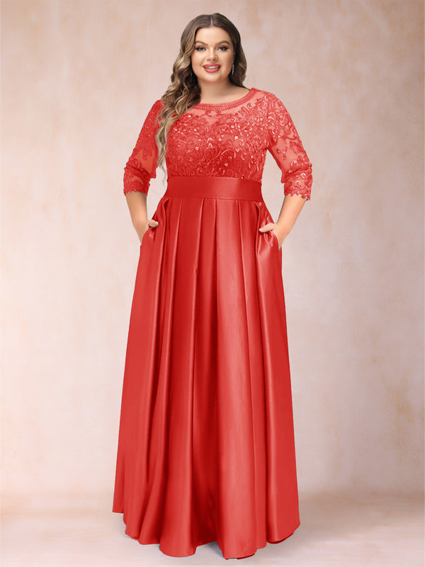 A-Line/Princess Floor-Length 3/4 Sleeves Scoop Plus Size Mother of the Bride Dresses