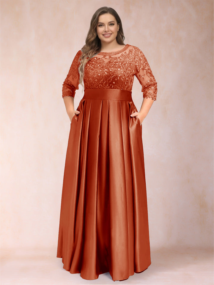 A-Line/Princess Floor-Length 3/4 Sleeves Scoop Plus Size Mother of the Bride Dresses