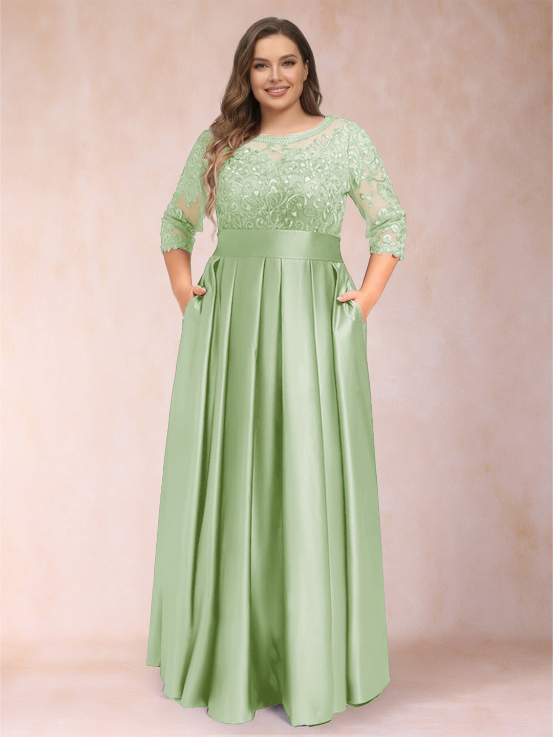 A-Line/Princess Floor-Length 3/4 Sleeves Scoop Plus Size Mother of the Bride Dresses