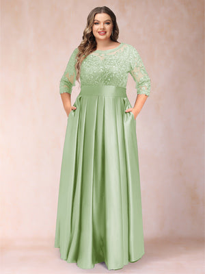 A-Line/Princess Floor-Length 3/4 Sleeves Scoop Plus Size Mother of the Bride Dresses