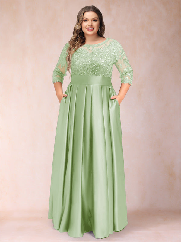 A-Line/Princess Floor-Length 3/4 Sleeves Scoop Plus Size Mother of the Bride Dresses