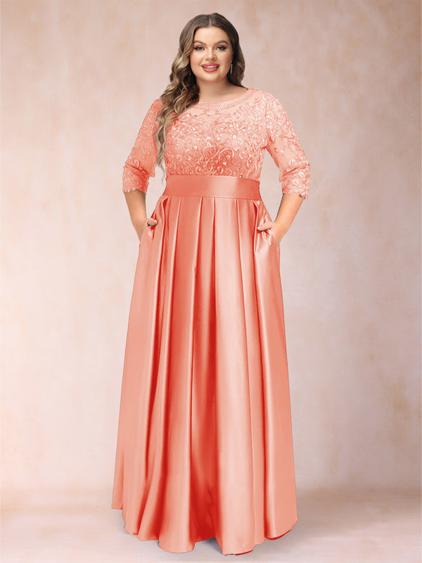 A-Line/Princess Floor-Length 3/4 Sleeves Scoop Plus Size Mother of the Bride Dresses