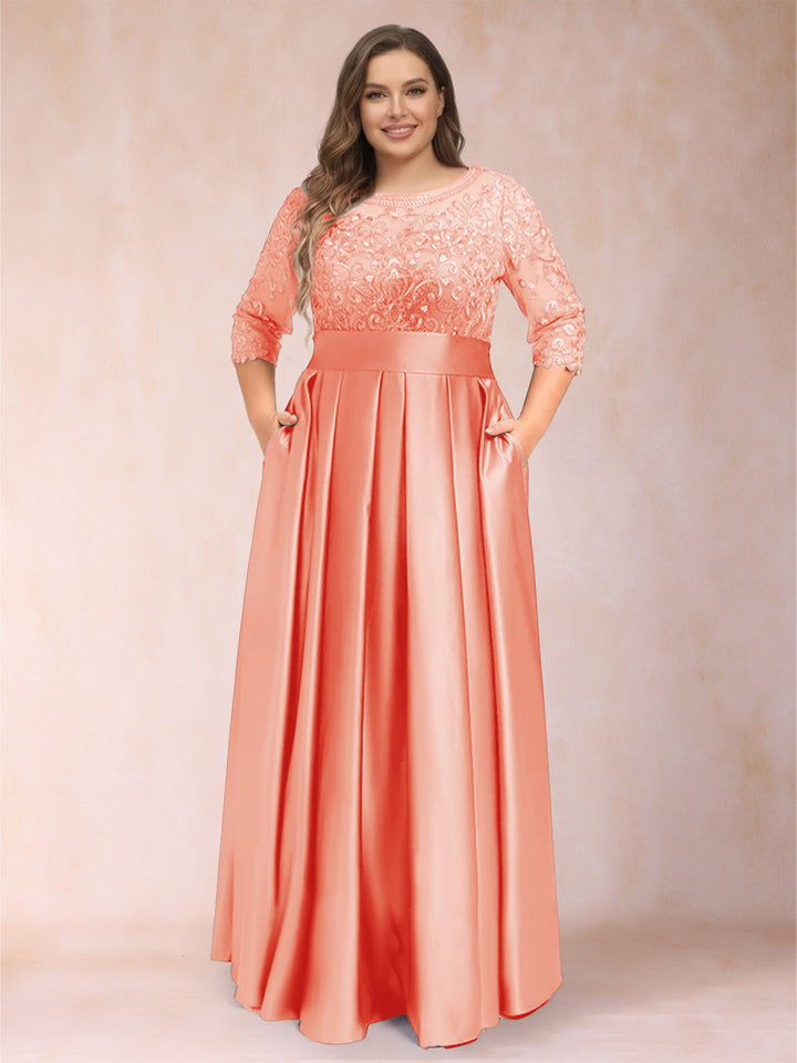 A-Line/Princess Floor-Length 3/4 Sleeves Scoop Plus Size Mother of the Bride Dresses