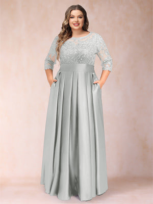A-Line/Princess Floor-Length 3/4 Sleeves Scoop Plus Size Mother of the Bride Dresses