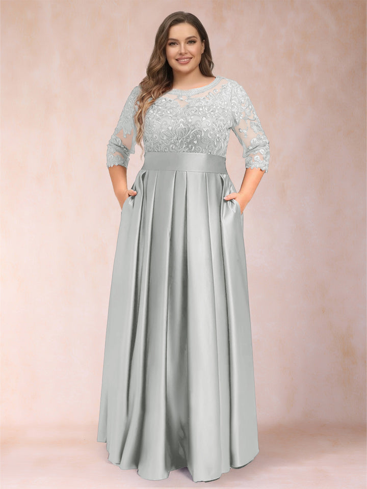 A-Line/Princess Floor-Length 3/4 Sleeves Scoop Plus Size Mother of the Bride Dresses