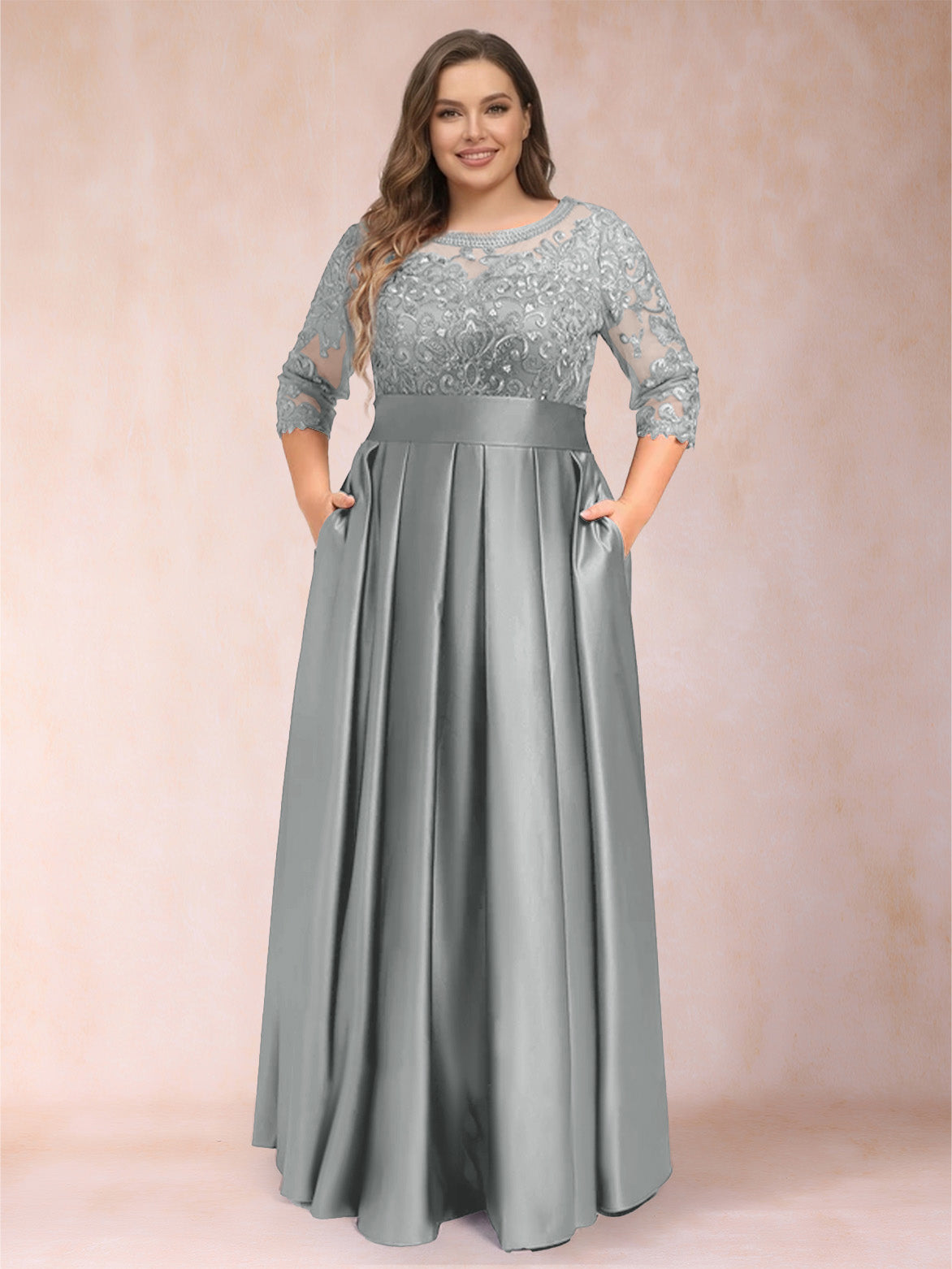 A-Line/Princess Floor-Length 3/4 Sleeves Scoop Plus Size Mother of the Bride Dresses