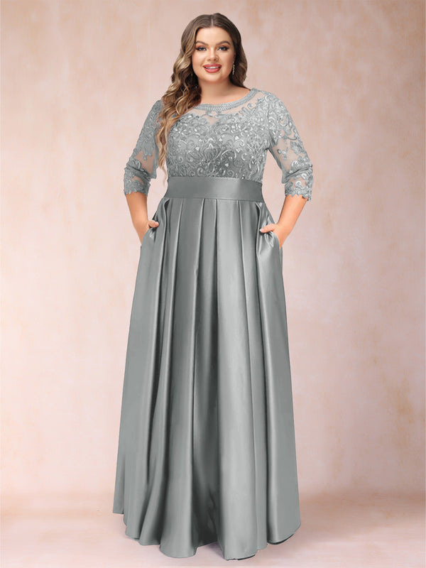 A-Line/Princess Floor-Length 3/4 Sleeves Scoop Plus Size Mother of the Bride Dresses