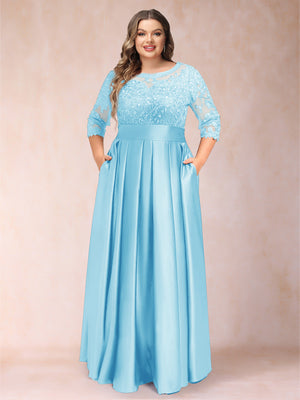 A-Line/Princess Floor-Length 3/4 Sleeves Scoop Plus Size Mother of the Bride Dresses