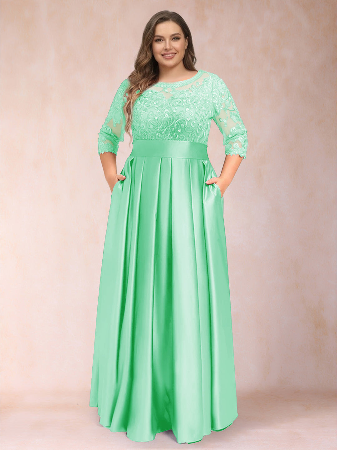 A-Line/Princess Floor-Length 3/4 Sleeves Scoop Plus Size Mother of the Bride Dresses