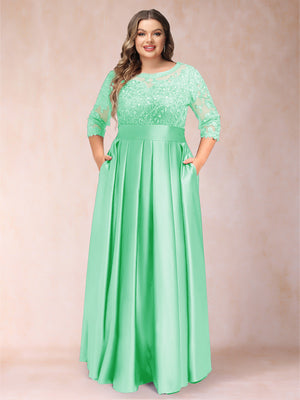 A-Line/Princess Floor-Length 3/4 Sleeves Scoop Plus Size Mother of the Bride Dresses