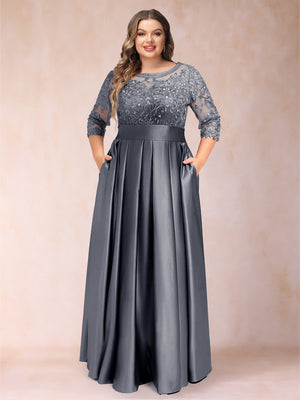 A-Line/Princess Floor-Length 3/4 Sleeves Scoop Plus Size Mother of the Bride Dresses