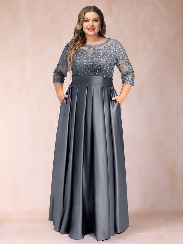 A-Line/Princess Floor-Length 3/4 Sleeves Scoop Plus Size Mother of the Bride Dresses