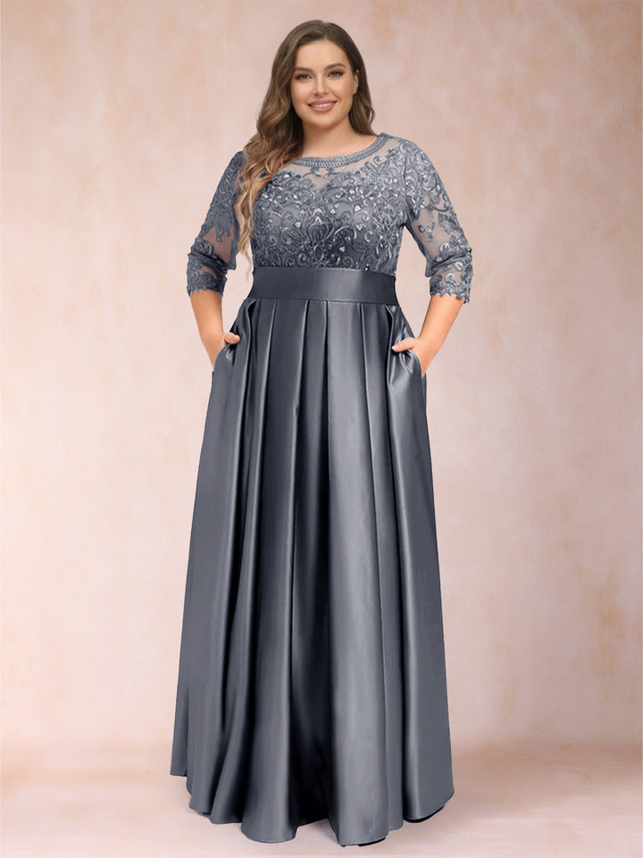 A-Line/Princess Floor-Length 3/4 Sleeves Scoop Plus Size Mother of the Bride Dresses