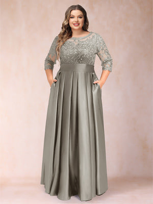A-Line/Princess Floor-Length 3/4 Sleeves Scoop Plus Size Mother of the Bride Dresses