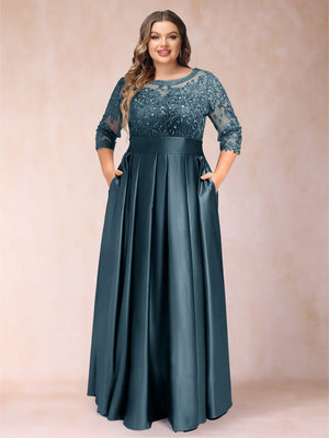 A-Line/Princess Floor-Length 3/4 Sleeves Scoop Plus Size Mother of the Bride Dresses