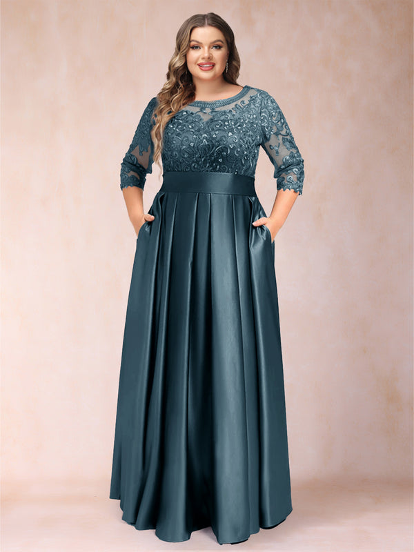 A-Line/Princess Floor-Length 3/4 Sleeves Scoop Plus Size Mother of the Bride Dresses