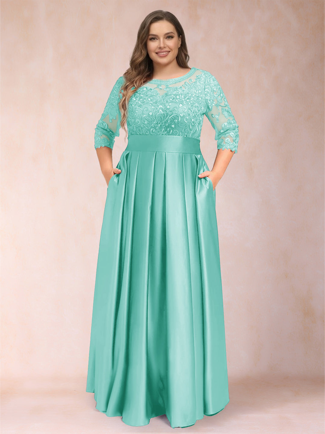 A-Line/Princess Floor-Length 3/4 Sleeves Scoop Plus Size Mother of the Bride Dresses
