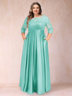 A-Line/Princess Floor-Length 3/4 Sleeves Scoop Plus Size Mother of the Bride Dresses