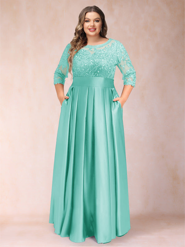 A-Line/Princess Floor-Length 3/4 Sleeves Scoop Plus Size Mother of the Bride Dresses