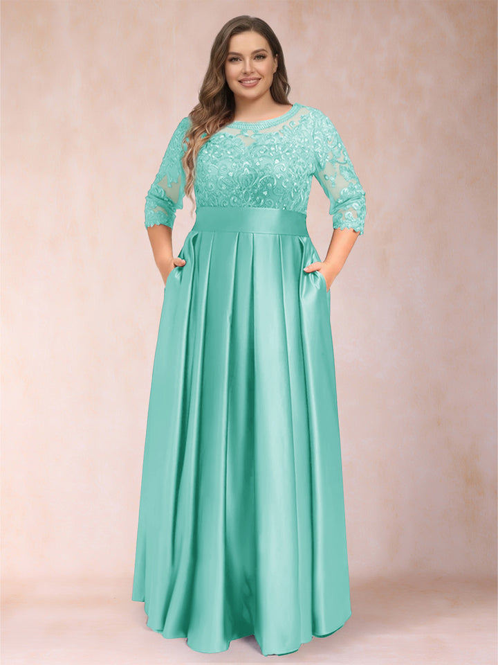 A-Line/Princess Floor-Length 3/4 Sleeves Scoop Plus Size Mother of the Bride Dresses