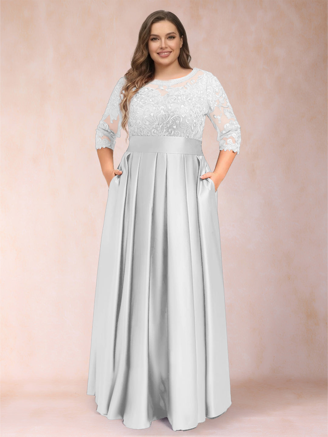 A-Line/Princess Floor-Length 3/4 Sleeves Scoop Plus Size Mother of the Bride Dresses