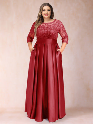 A-Line/Princess Floor-Length 3/4 Sleeves Scoop Plus Size Mother of the Bride Dresses