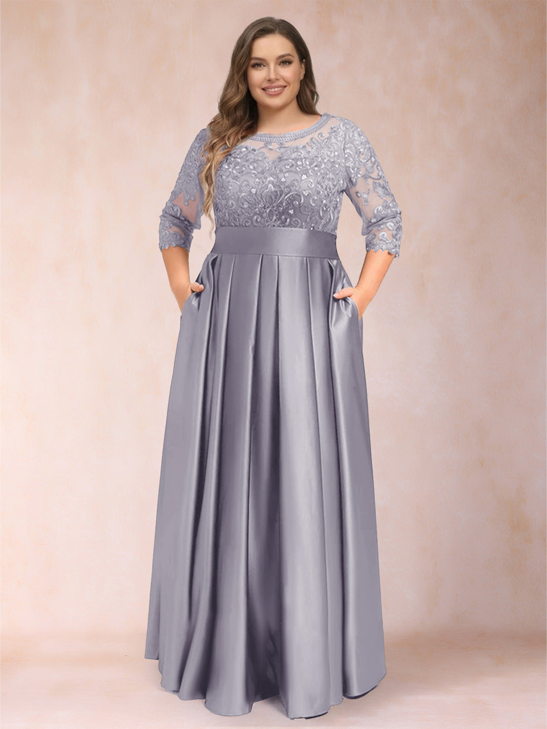 A-Line/Princess Floor-Length 3/4 Sleeves Scoop Plus Size Mother of the Bride Dresses