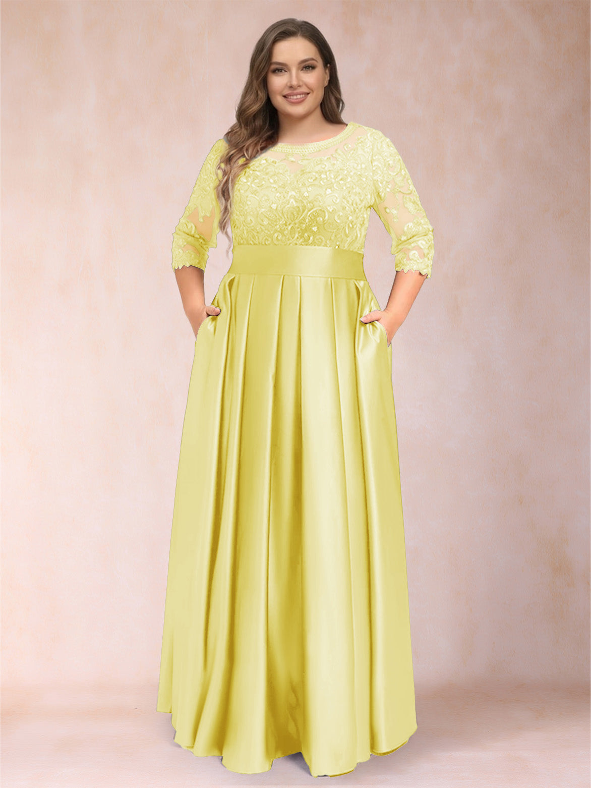 A-Line/Princess Floor-Length 3/4 Sleeves Scoop Plus Size Mother of the Bride Dresses