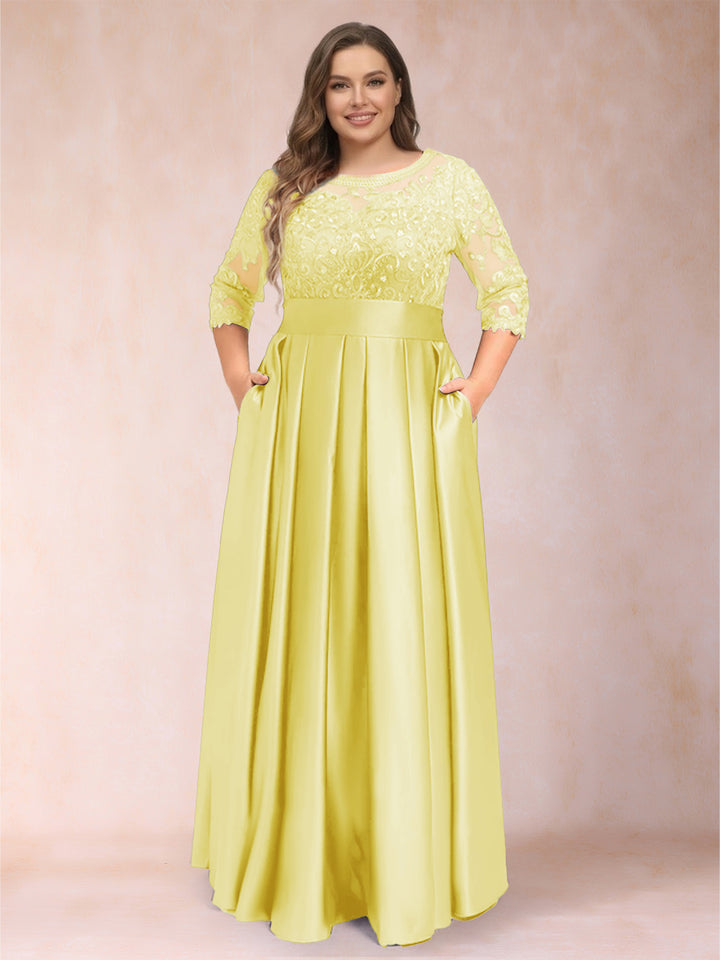 A-Line/Princess Floor-Length 3/4 Sleeves Scoop Plus Size Mother of the Bride Dresses